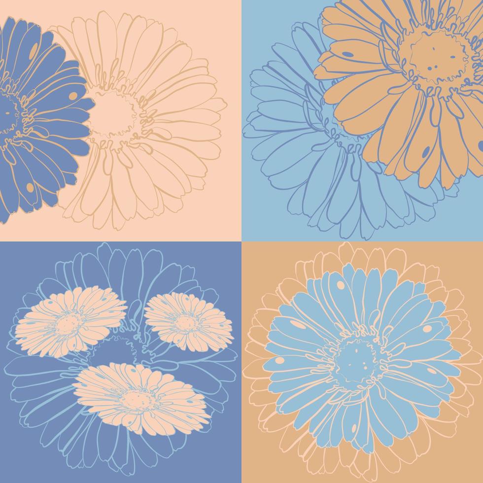 Home decoration set of gerbera flowers in doodle technique vector