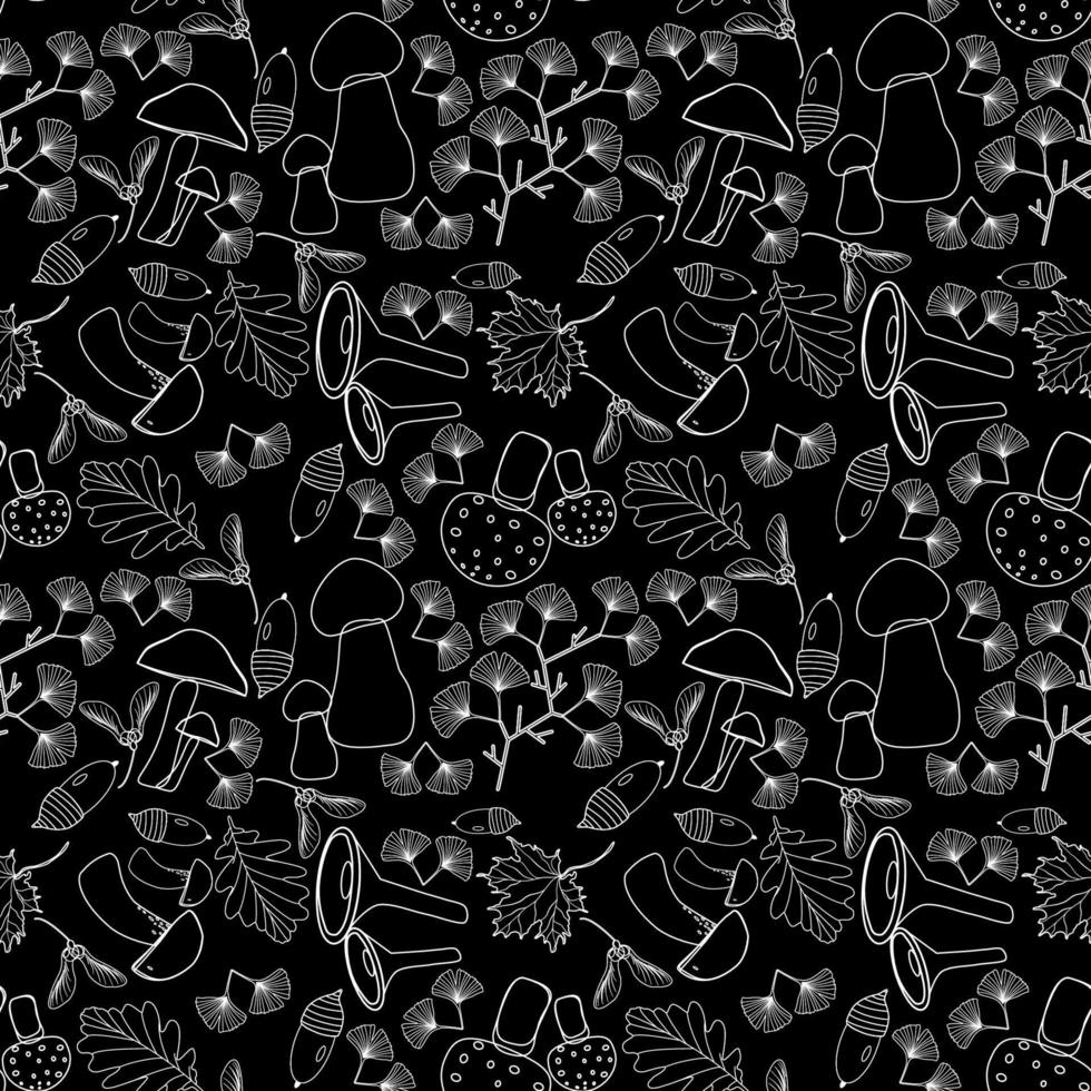 Seamless floral pattern with mushrooms and forest leaves in line technique vector