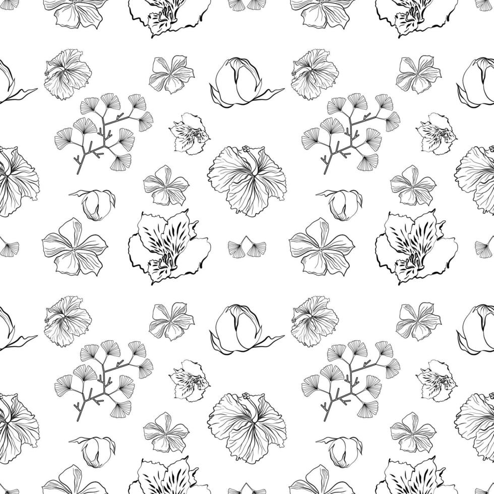 patrón floral transparente con flores y hojas de ginkgo en técnica de garabatos vector