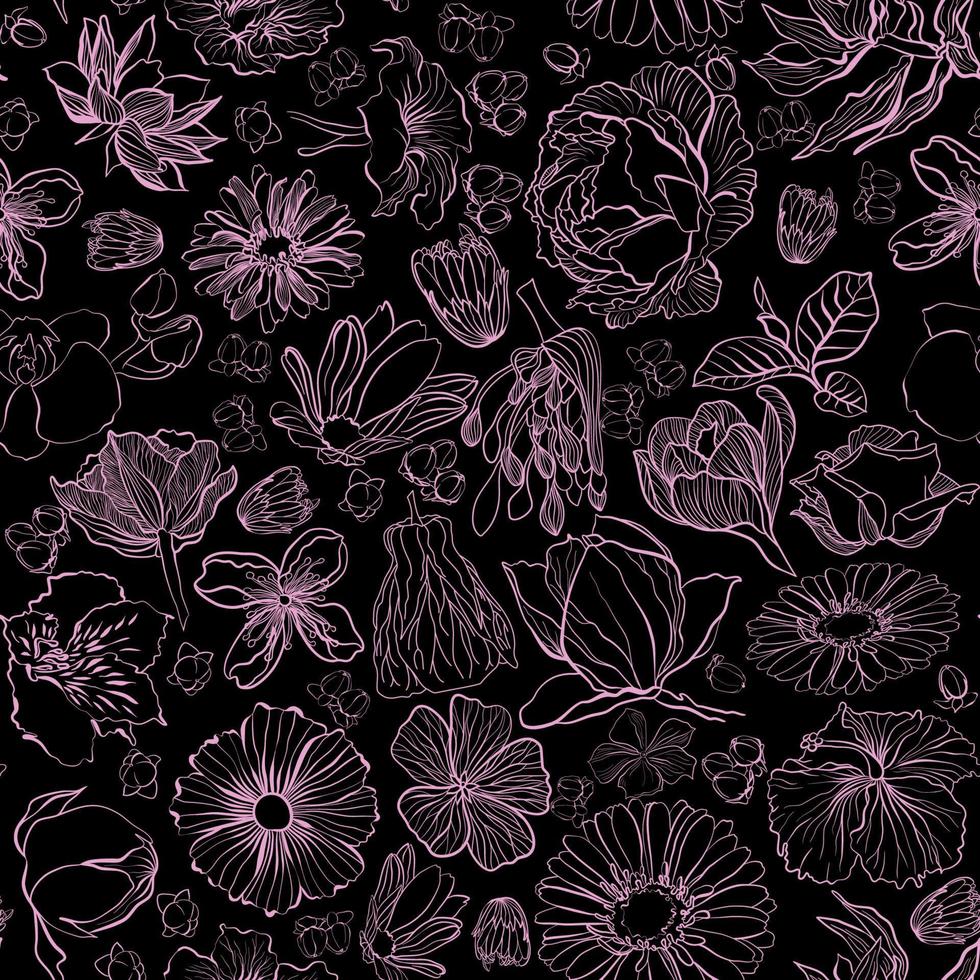 Seamless floral pattern with pink flowers and buds in doodle style vector