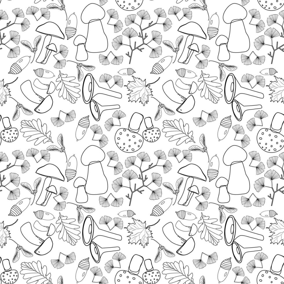 Seamless floral pattern with mushrooms and forest leaves in line art technique vector