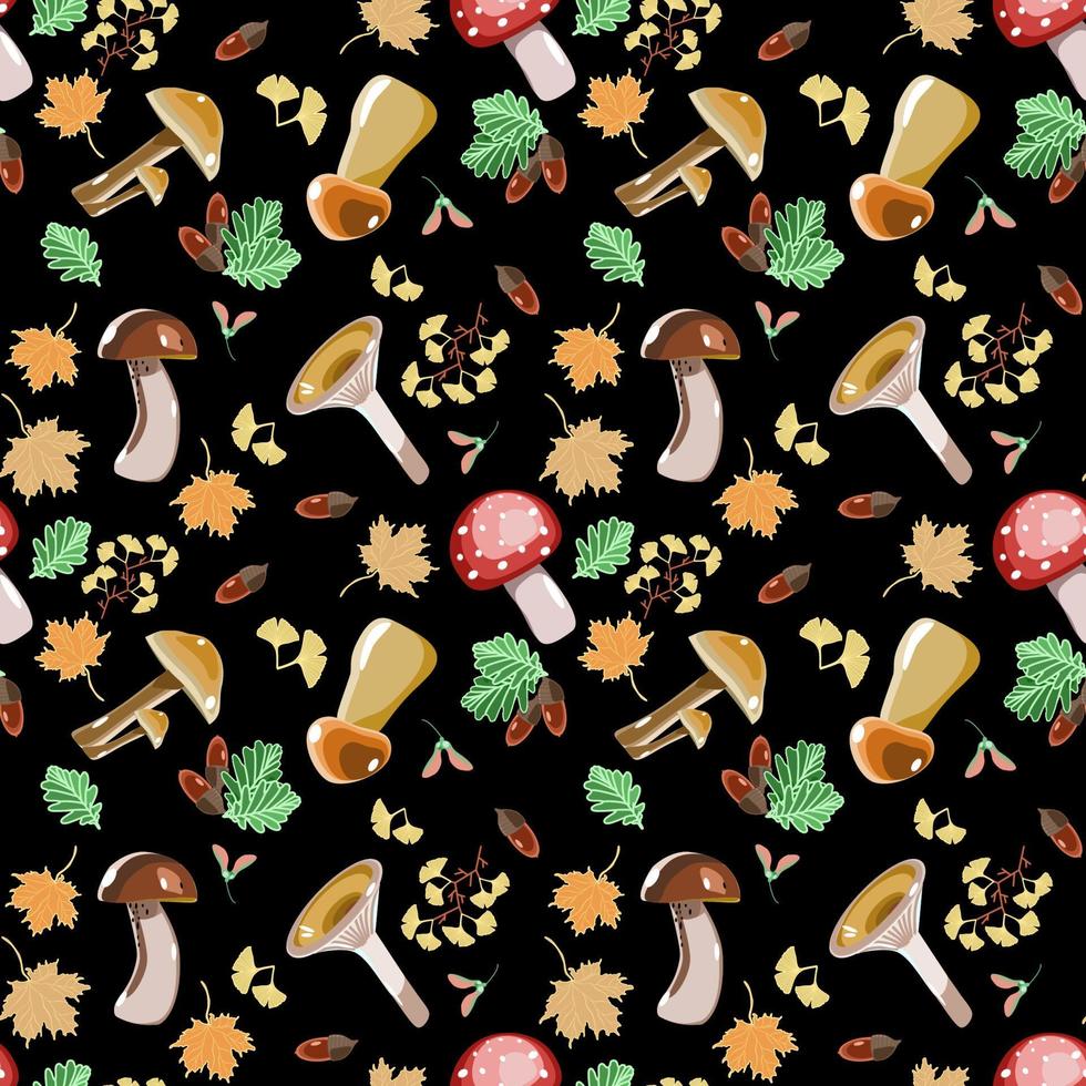 Seamless botanical pattern with mushrooms, ginkgo branches, acorns, maple and oak leaves vector