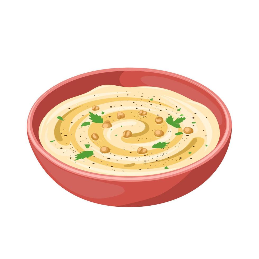 ilustración vectorial, humus en un bol, aislado en un fondo blanco, como plantilla para el día internacional del hummus. vector