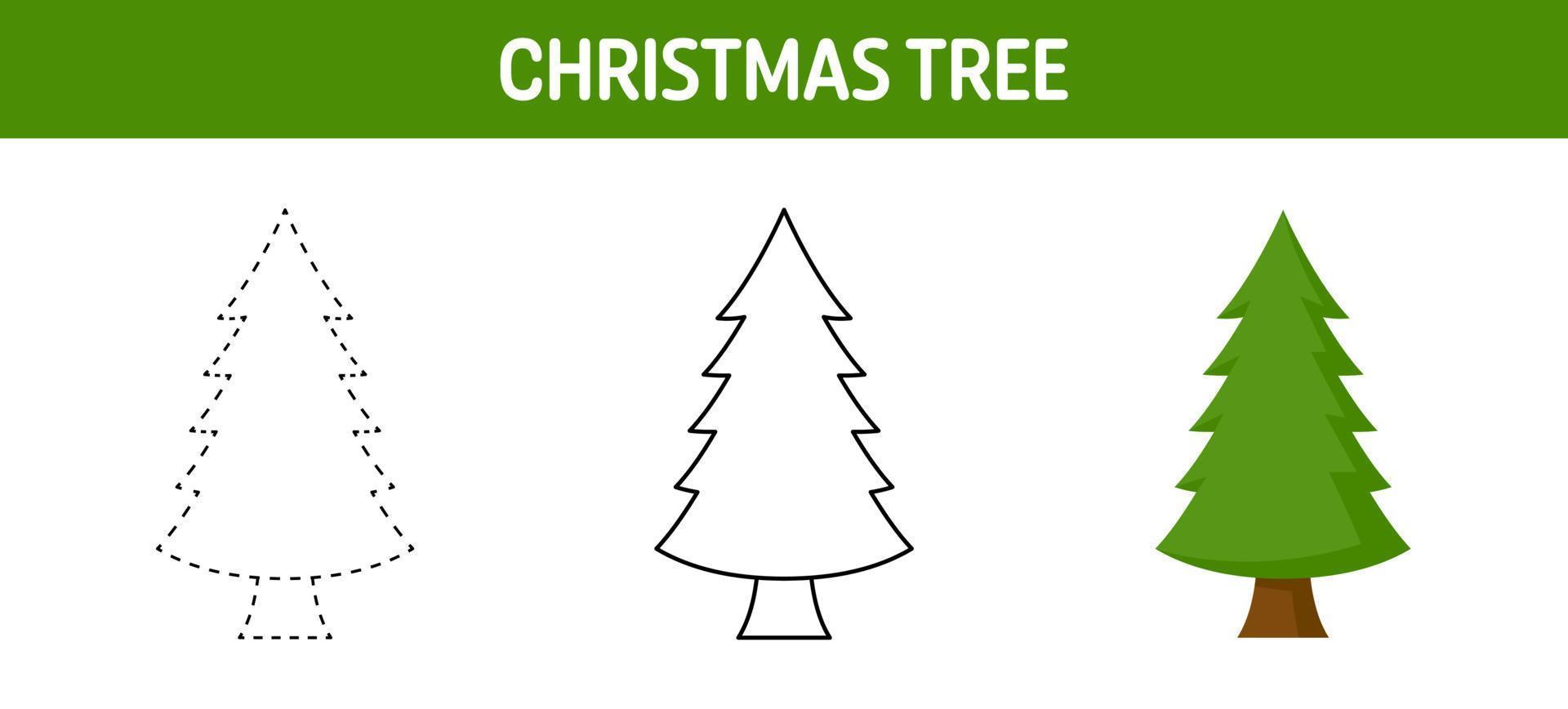 Christmas Tree tracing and coloring worksheet for kids vector