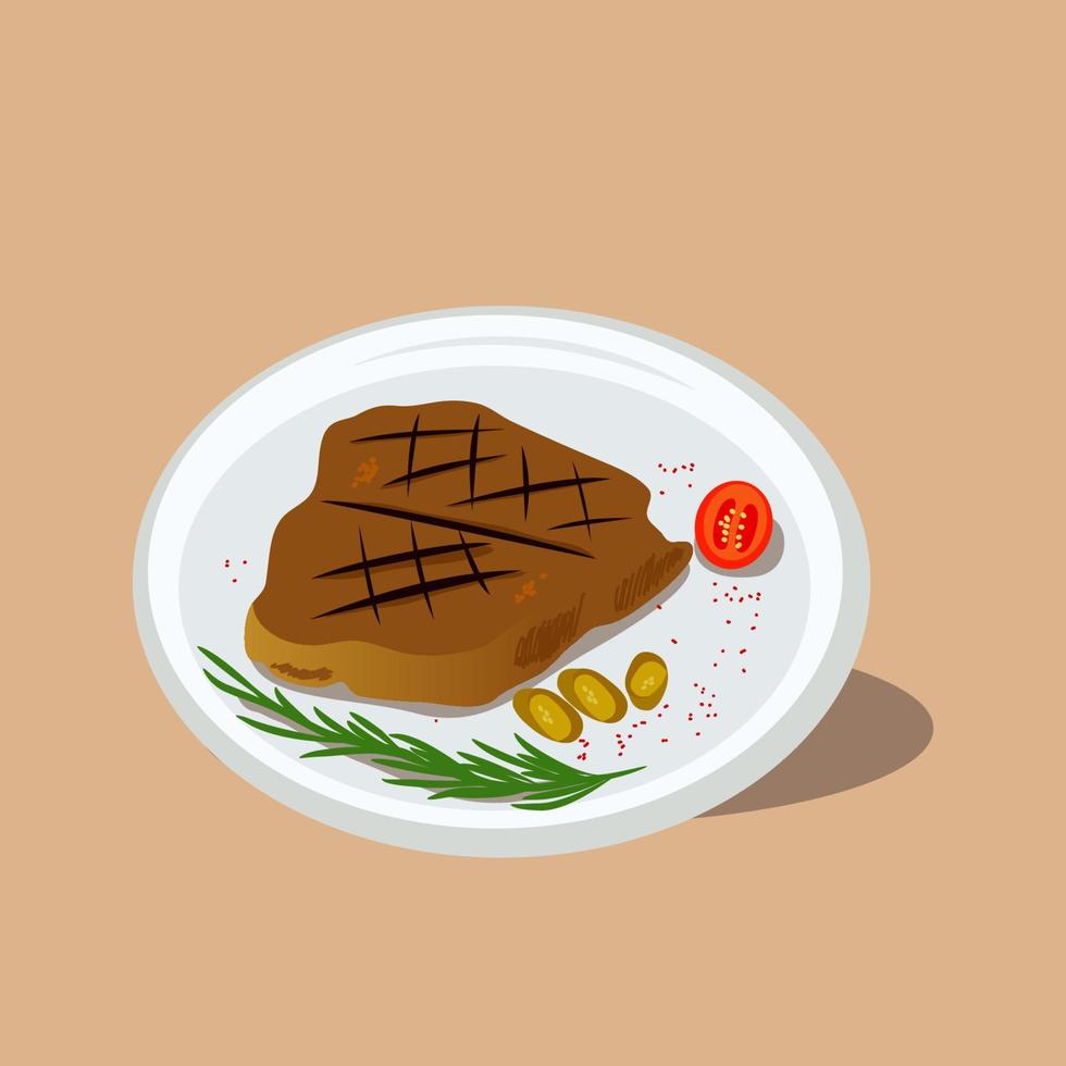 beef steak with rosemary leaf flat illustration vector