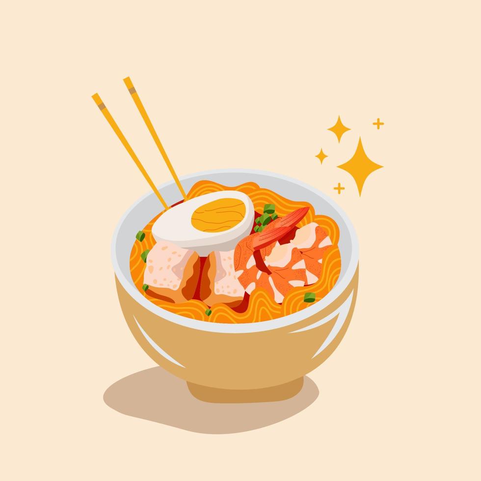 sopa de fideos picante con ilustración de vector de tofu de huevo y camarones