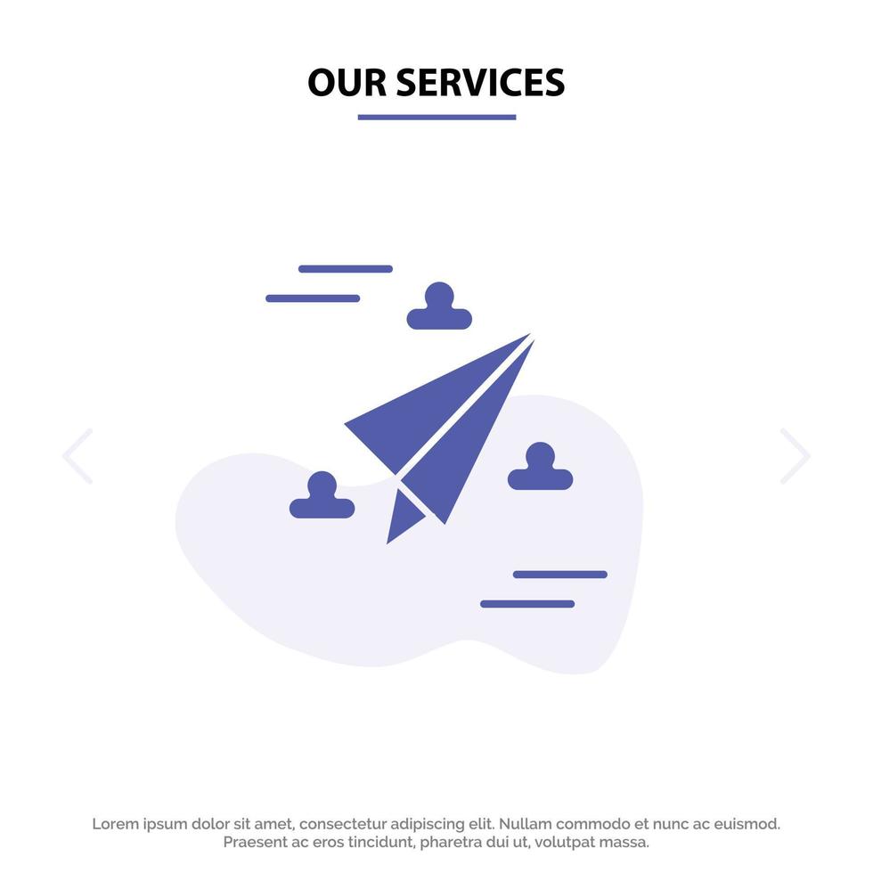 Our Services Web Design Paper Fly Solid Glyph Icon Web card Template vector