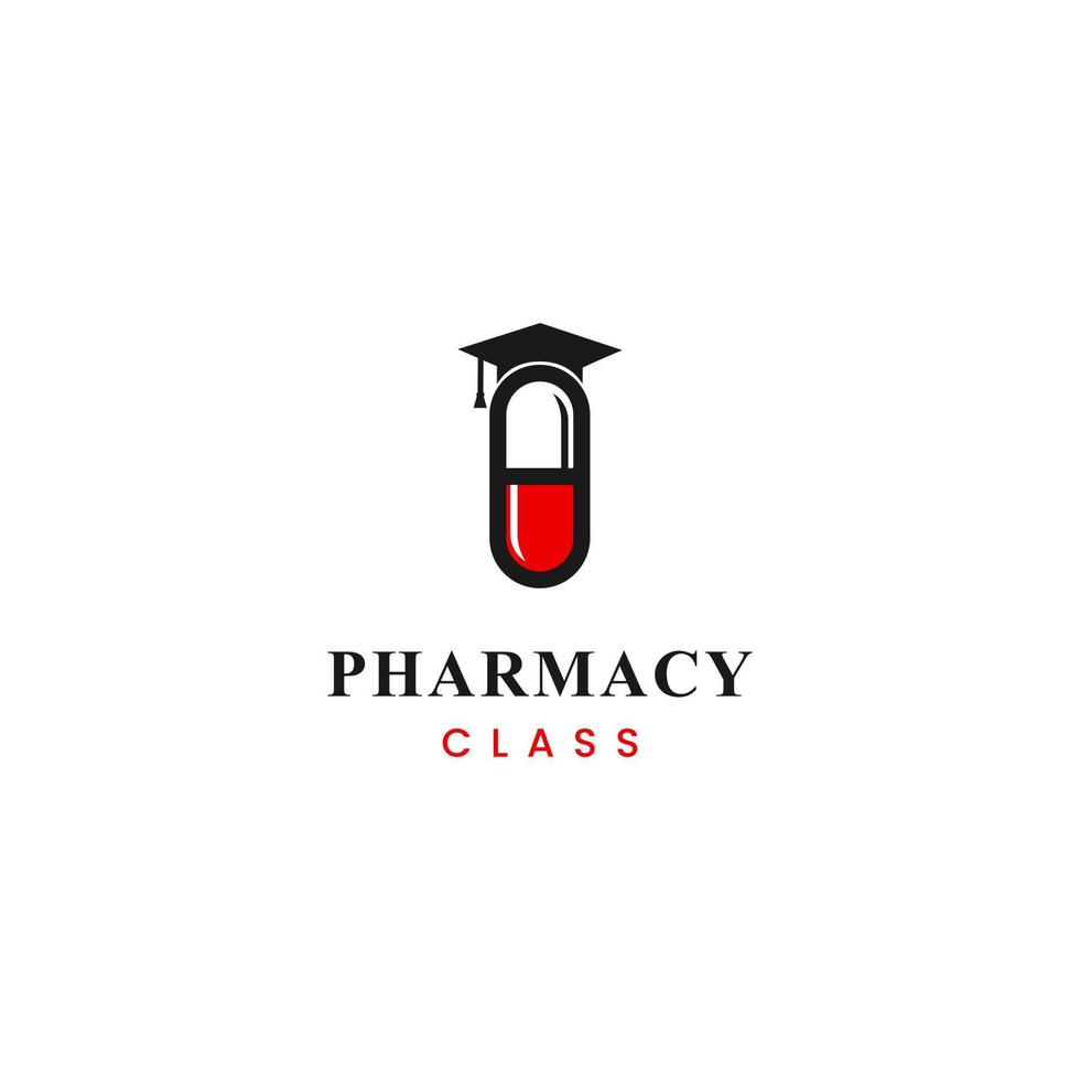 diseño de logotipo de clase de farmacia sobre fondo aislado. cápsula con concepto de logotipo de sombrero de graduación vector