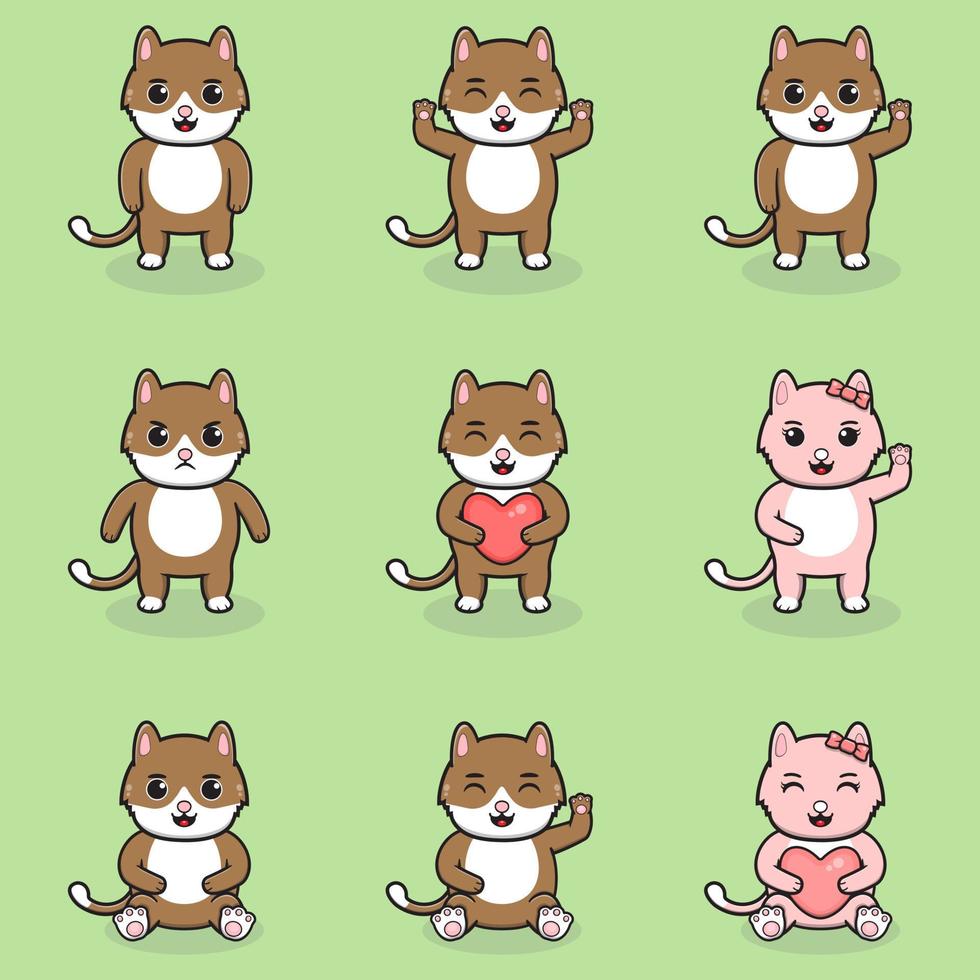 conjunto de ilustraciones vectoriales de dibujos animados de gatos. paquete de lindo juego de gatos. conjunto de animales. personajes aislados de dibujos animados y vectores. una colección de animales al estilo de los niños. vector