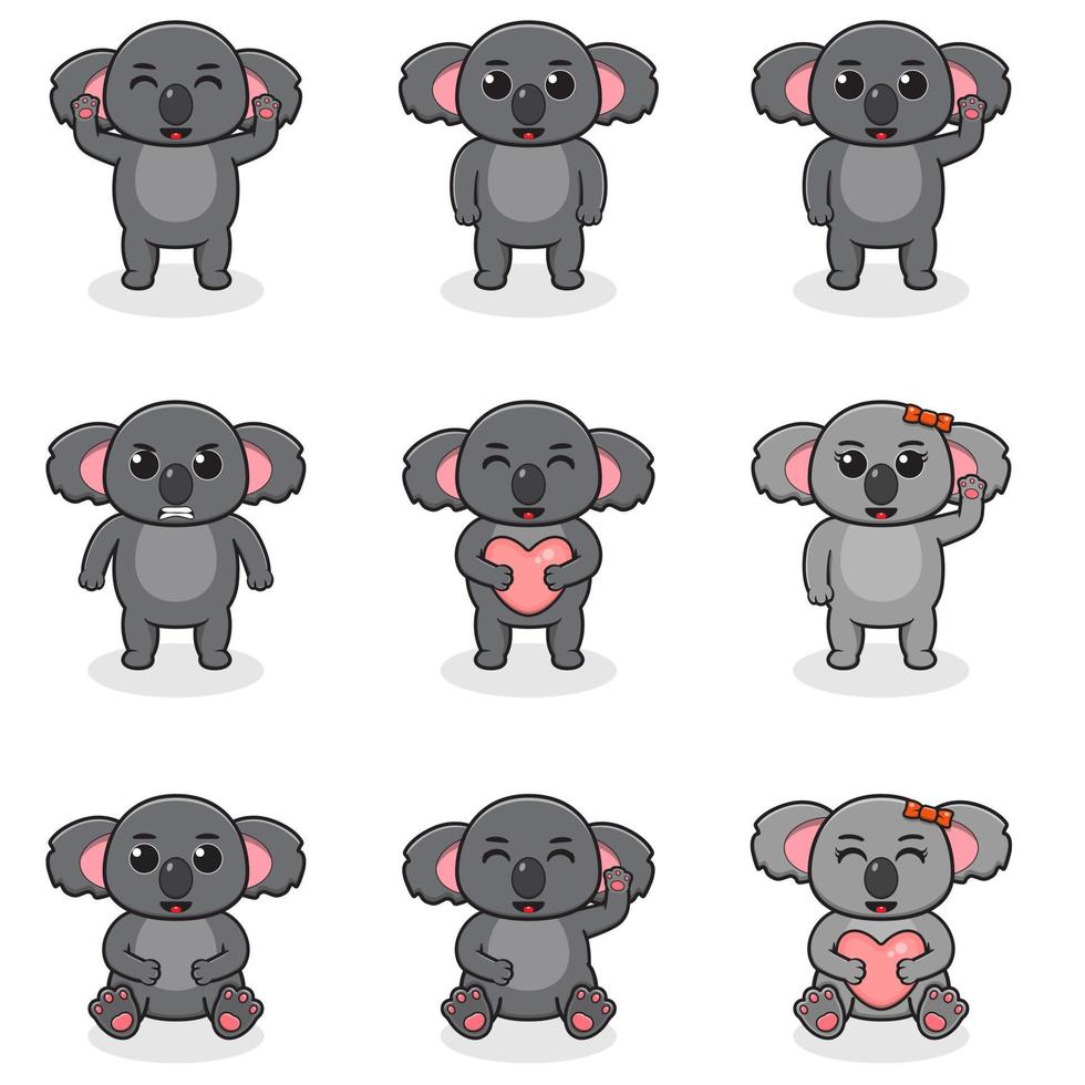 conjunto de ilustración vectorial de dibujos animados de koala. paquete de lindo juego de koala. conjunto de animales. personajes aislados de dibujos animados y vectores. una colección de animales al estilo de los niños. vector