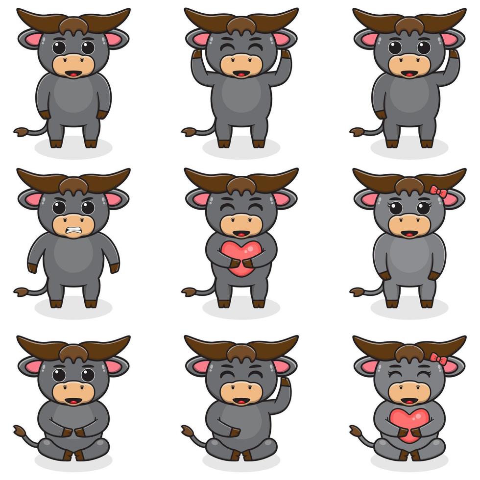 Vector illustration set of Buffalo cartoon. Bundle of cute Buffalo set. Set of animals. Cartoon and vector isolated characters. A collection of animals in the children's style.