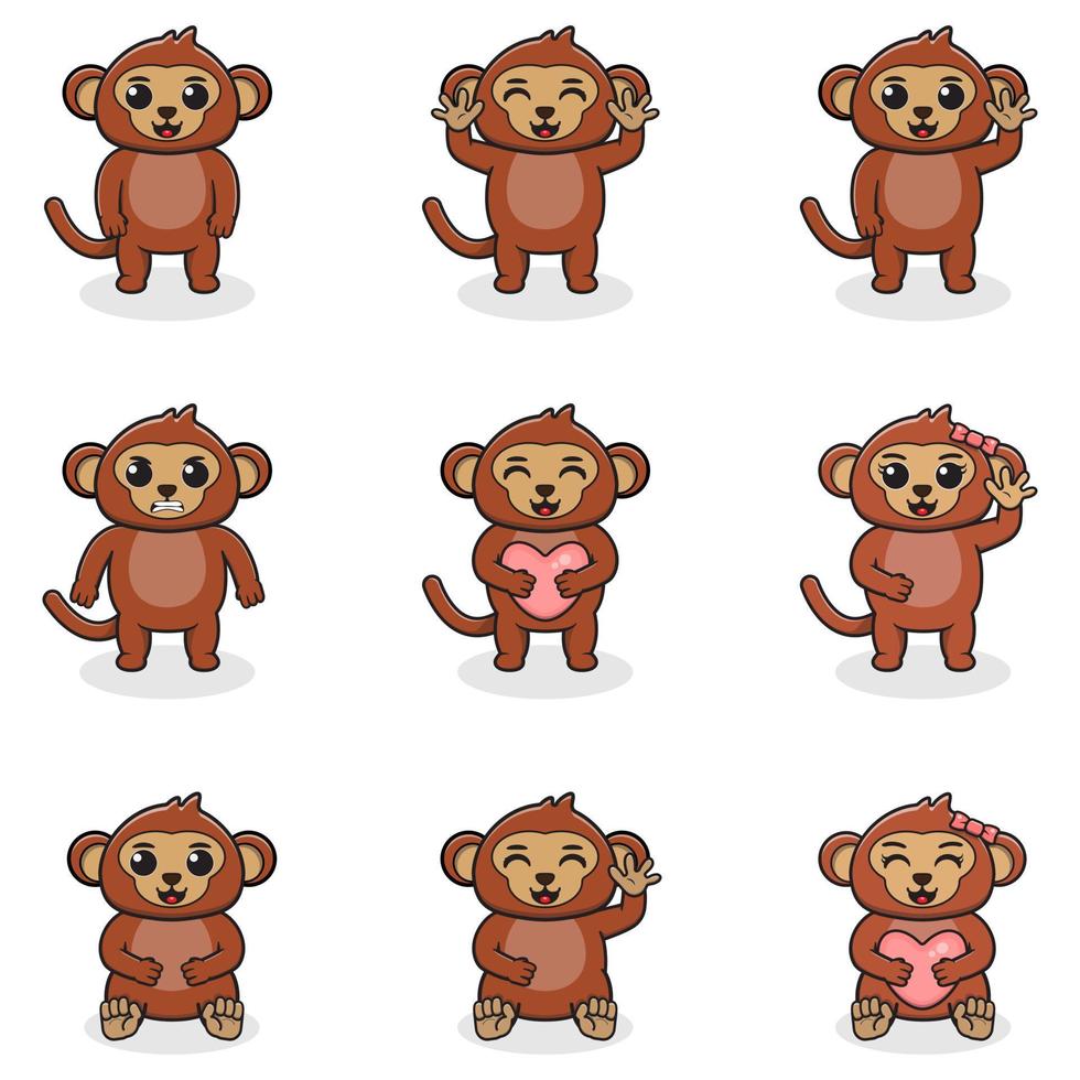 conjunto de ilustraciones vectoriales de dibujos animados de monos. paquete de conjunto de mono lindo. conjunto de animales. personajes aislados de dibujos animados y vectores. una colección de animales al estilo de los niños. vector