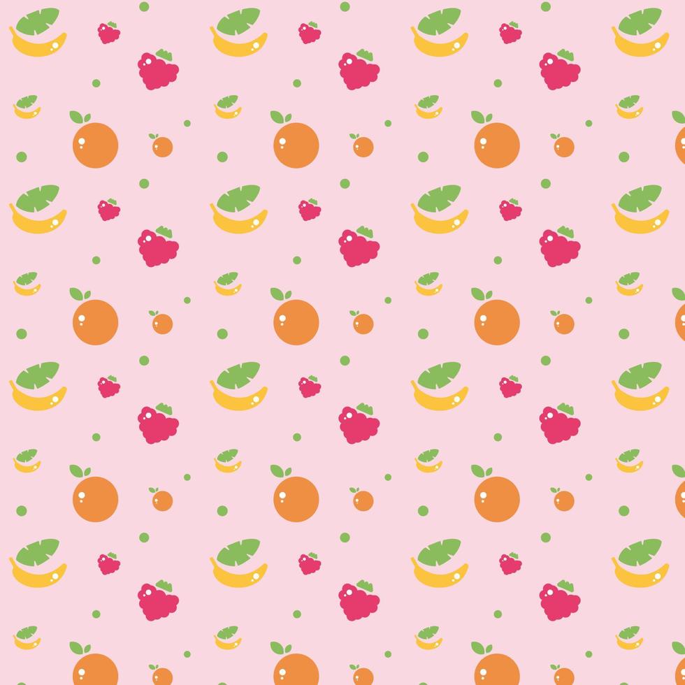 Seamless pattern with orange, banana, and raspberry fresh fruit. Healthy nutrition wallpaper on pink background. Outline color vector illustration