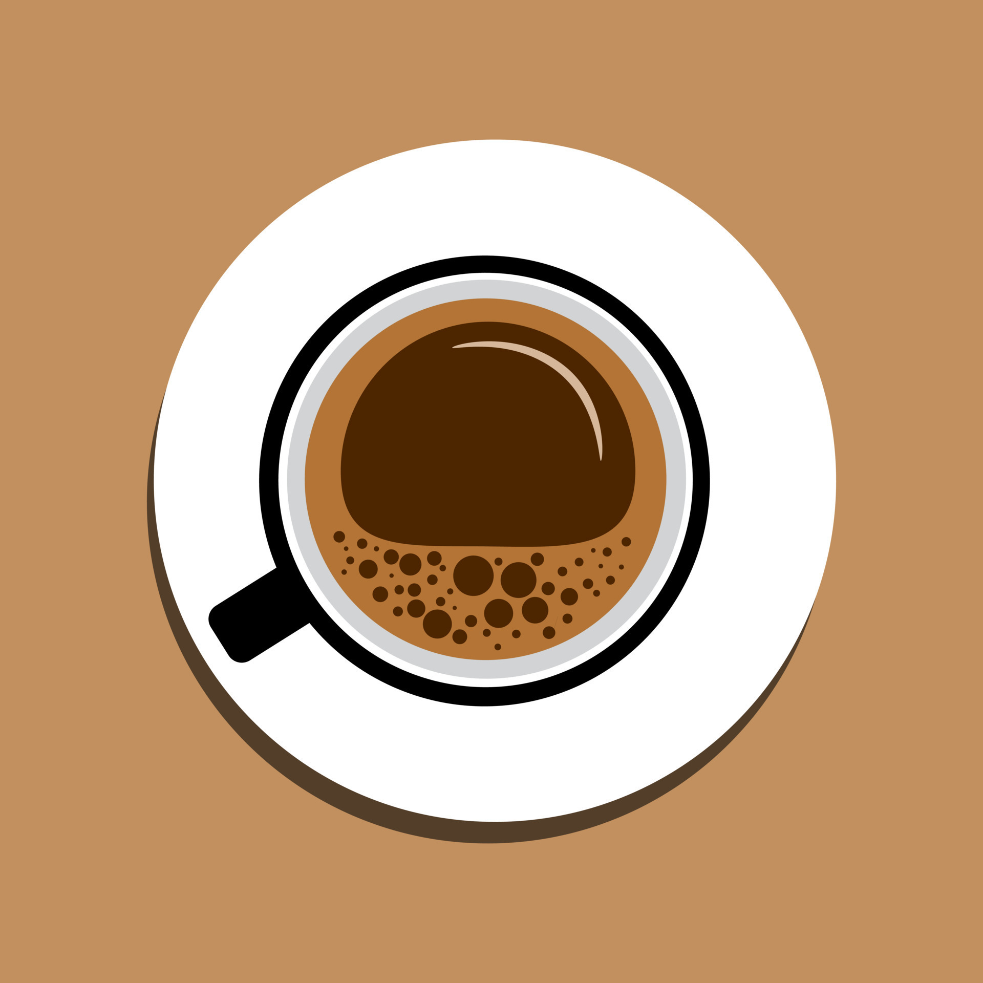 Vector cup of coffee with foam on a white saucer on a brown background