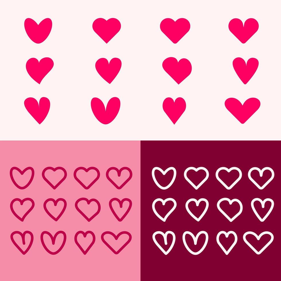 Red hearts outline icons. Cute red hearts for Valentine s day. Romantic red different hearts of shapes isolated on pink vector