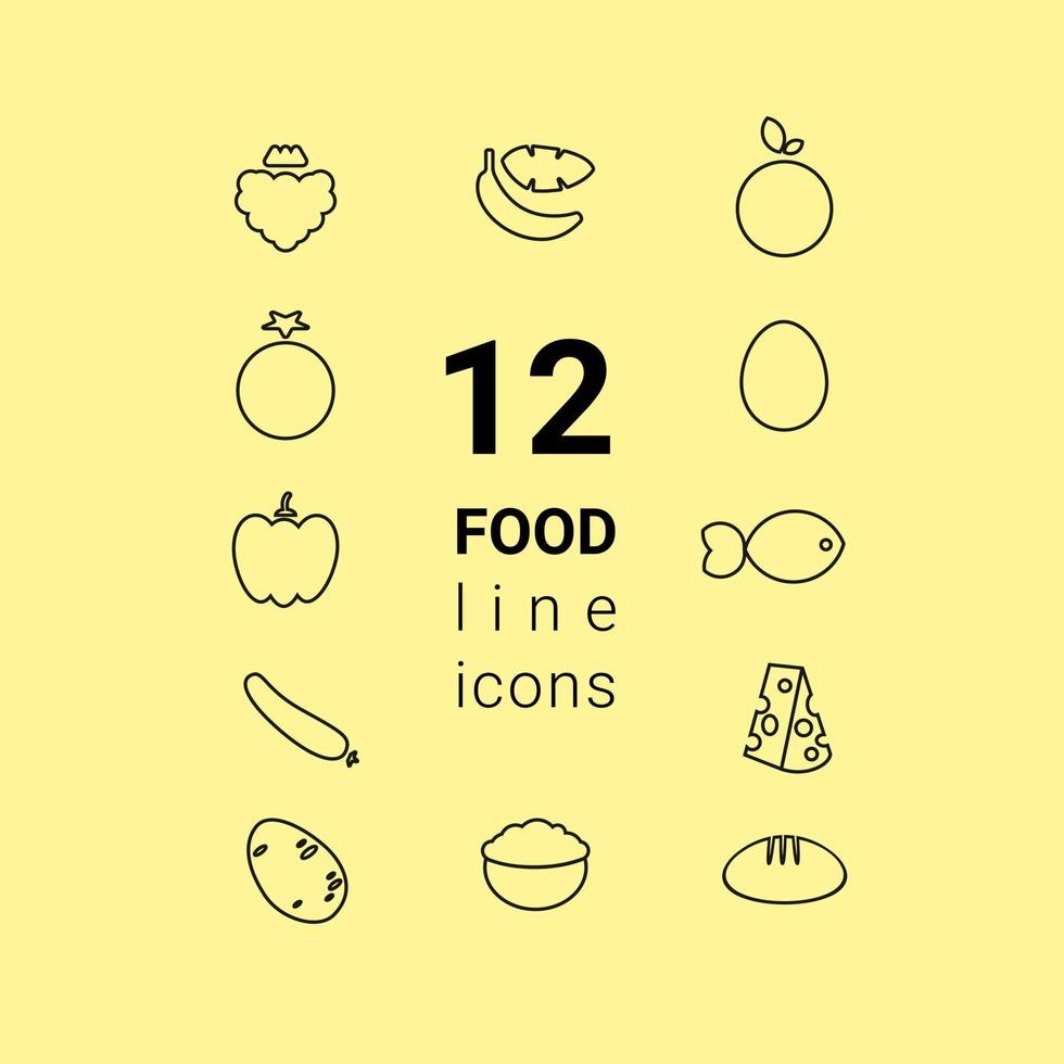 el icono de contorno de alimentos de nutrición dietética establece frutas y verduras con huevo, pescado, queso duro, avena y pan. Ilustración de vector de concepto de alimentación saludable