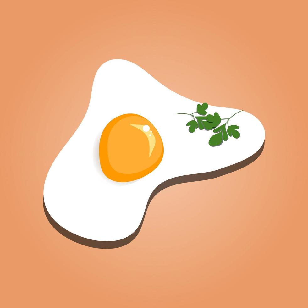 Fried egg with parsley isolated on an orange background, top view. Flat style. Paper cut out vector illustration