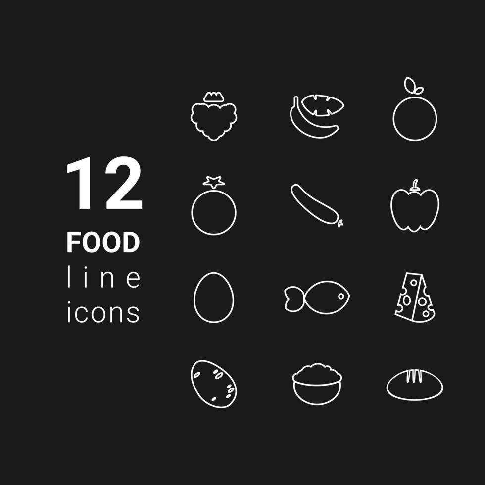 ilustración vectorial conjunto de iconos de contorno de alimentos de nutrición dietética: fresa, plátano, naranja, tomate, pepino, pimiento, huevo, pescado, queso duro, patata, avena, pan sobre fondo negro vector