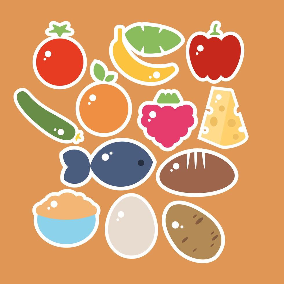 pegatinas de frutas y verduras de nutrición saludable con pan, gachas de avena, carbohidratos de patata y proteínas de huevo, pescado y queso. ilustración vectorial de contorno vector