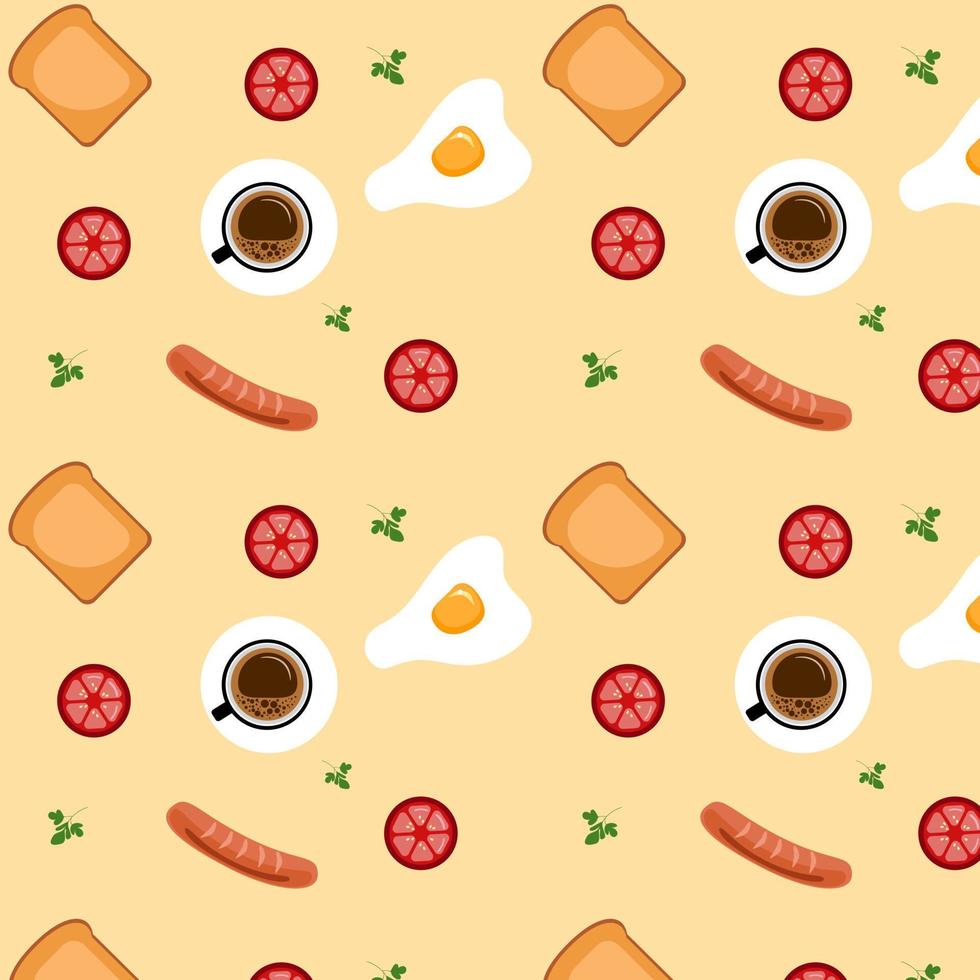 Seamless pattern with eggs and fried sausages, tomato, toast, and a cup of coffee. Breakfast wallpaper on yellow background. Paper cut out vector