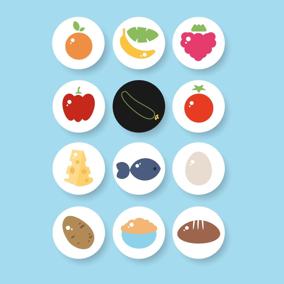 conjunto de coloridos iconos de botones redondos de frutas y verduras para una nutrición saludable de la aplicación. ilustración vectorial elementos web de contorno colorido vector