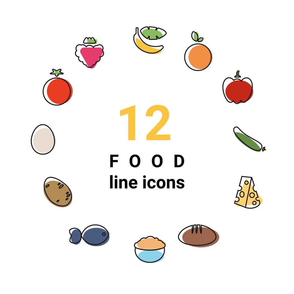 Vector illustration dietary nutrition food outline icon set - strawberry, banana, orange, tomato, cucumber, bell pepper, egg, fish, hard cheese, potato, oatmeal, bread Healthy eating concept