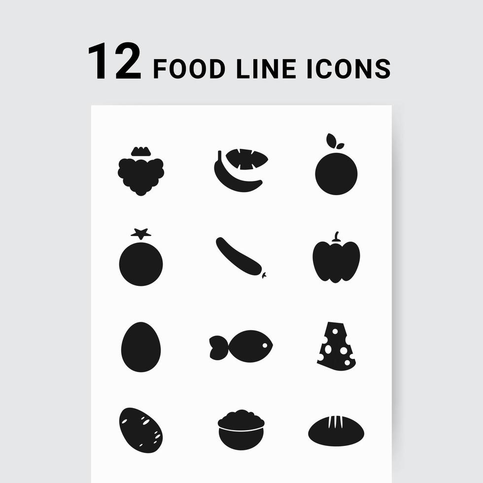 ilustración vectorial conjunto de iconos de contorno de alimentos de nutrición dietética - fresa, plátano, naranja, tomate, pepino, pimiento, huevo, pescado, queso duro, patata, avena, pan concepto de alimentación saludable vector