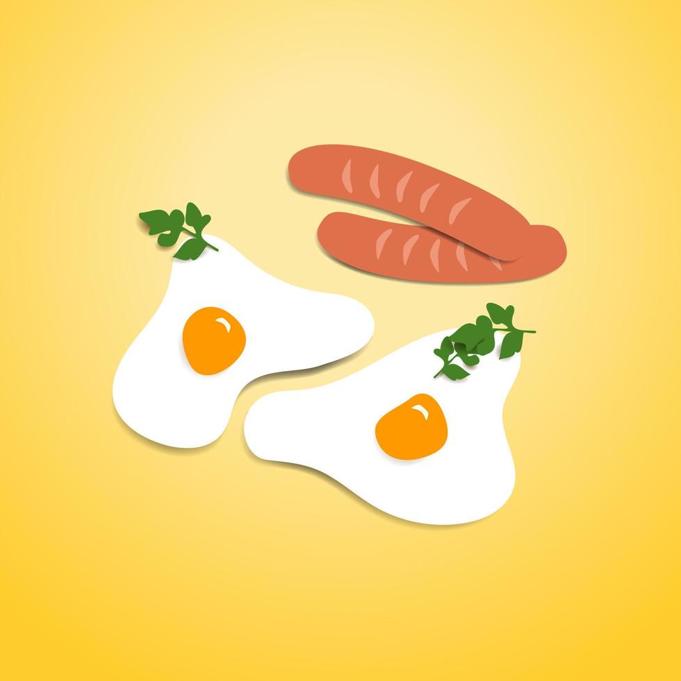 Fried eggs with sausages and parsley on yellow background, vector illustration