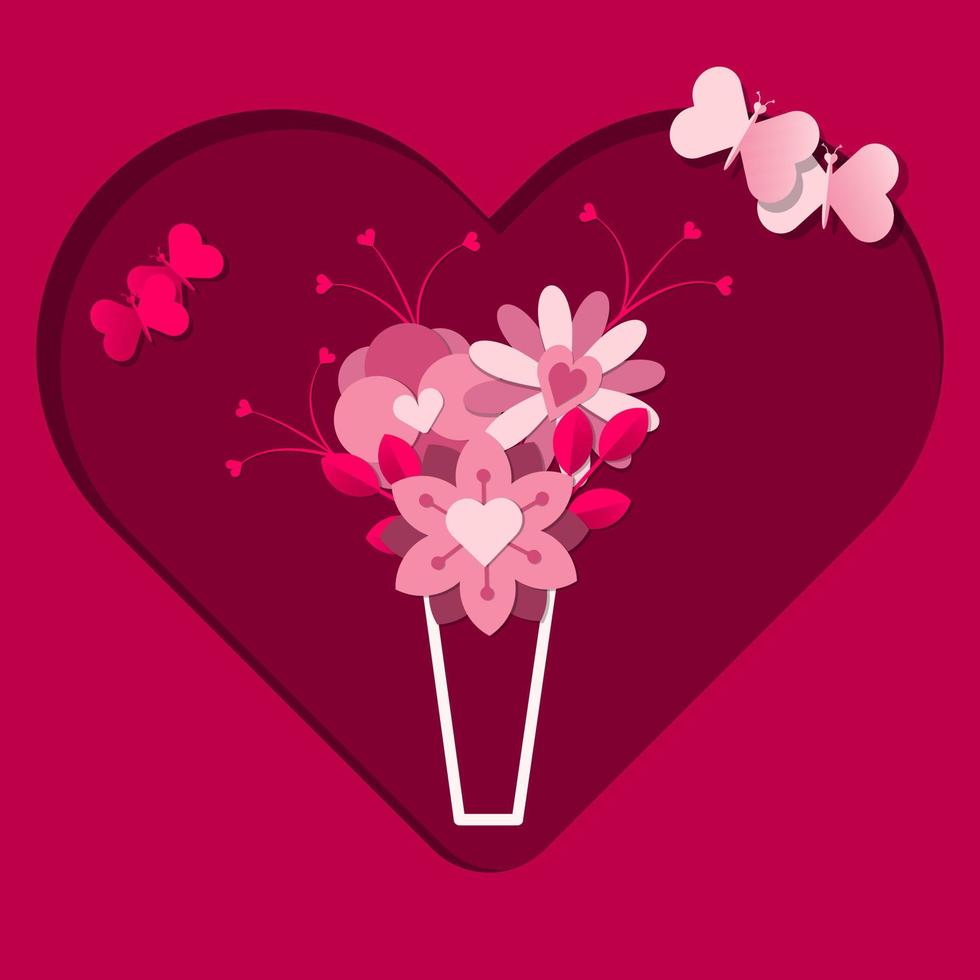 The bouquet of different flowers with butterflies in the big heart. Pink flowers in the vase, designed in paper folding style on a burgundy background. Paper cut vector illustration