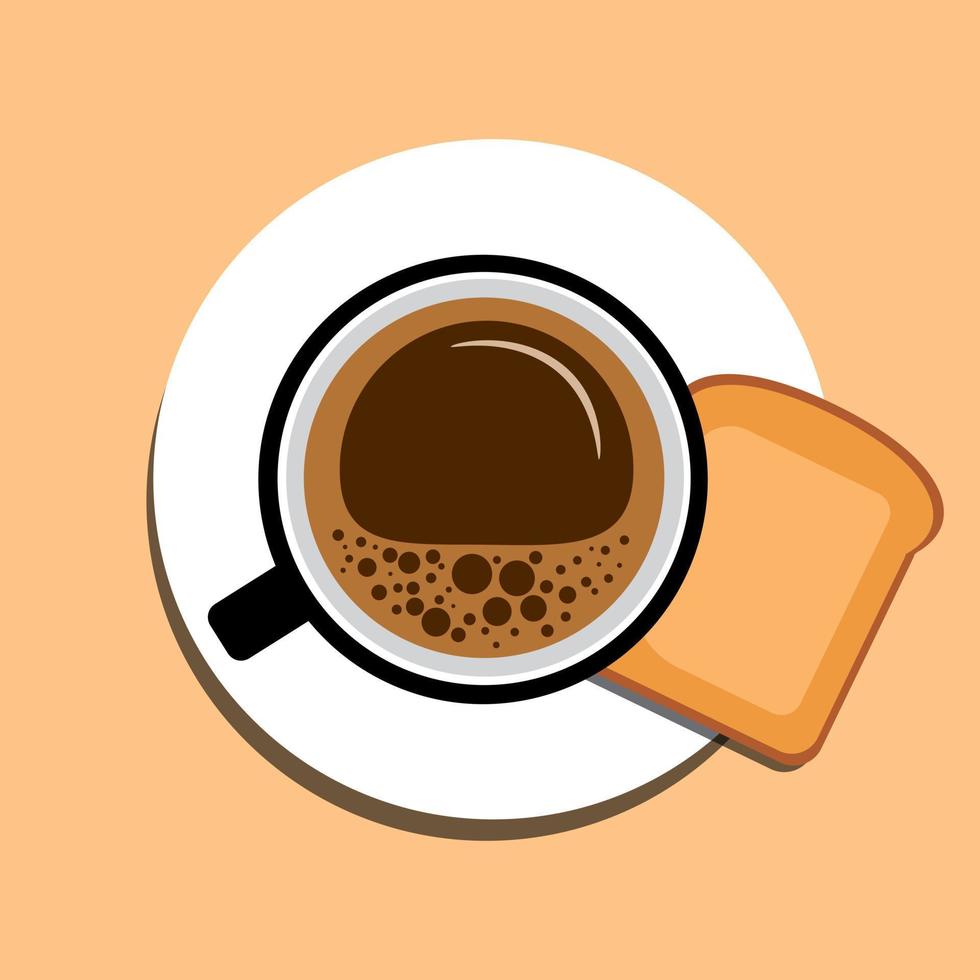 Vector cup of coffee with foam and piece of toast bread on a white saucer on a brown background top view. Minimal design flat style illustration
