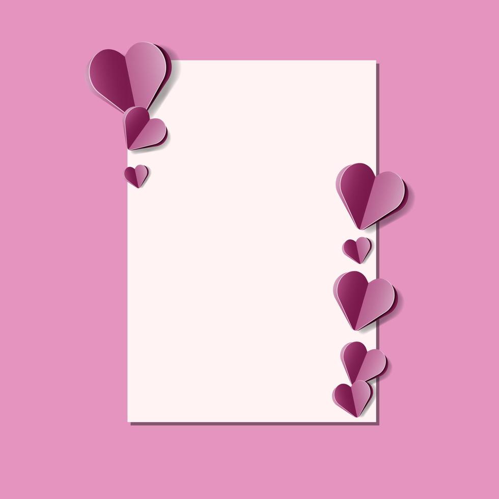 Greeting card ornate with dark purple hearts on purple background with copy space for Valentine s Day. Paper cut mockup vector illustration