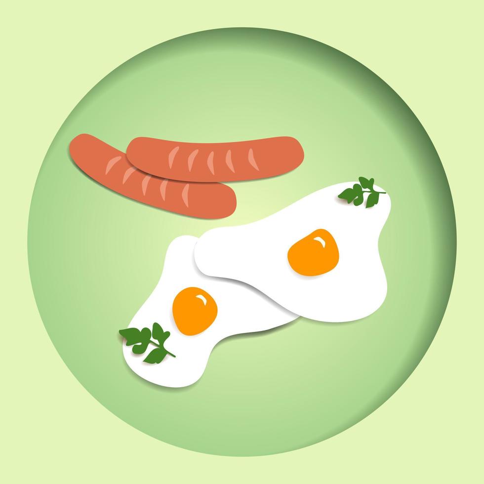 Fried eggs with sausages and parsley on green background, vector illustration