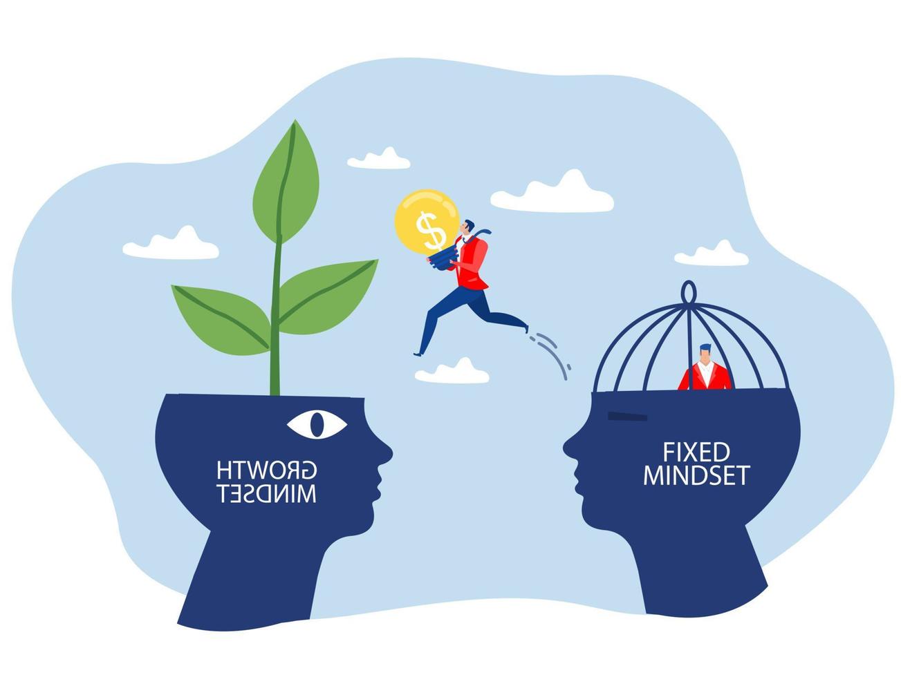 concepto de resolución de problemas, empresarios de pie con dos empresarios de pensamiento diferente entre mentalidad fija vs mentalidad de crecimiento concepto de éxito ilustrador vectorial vector