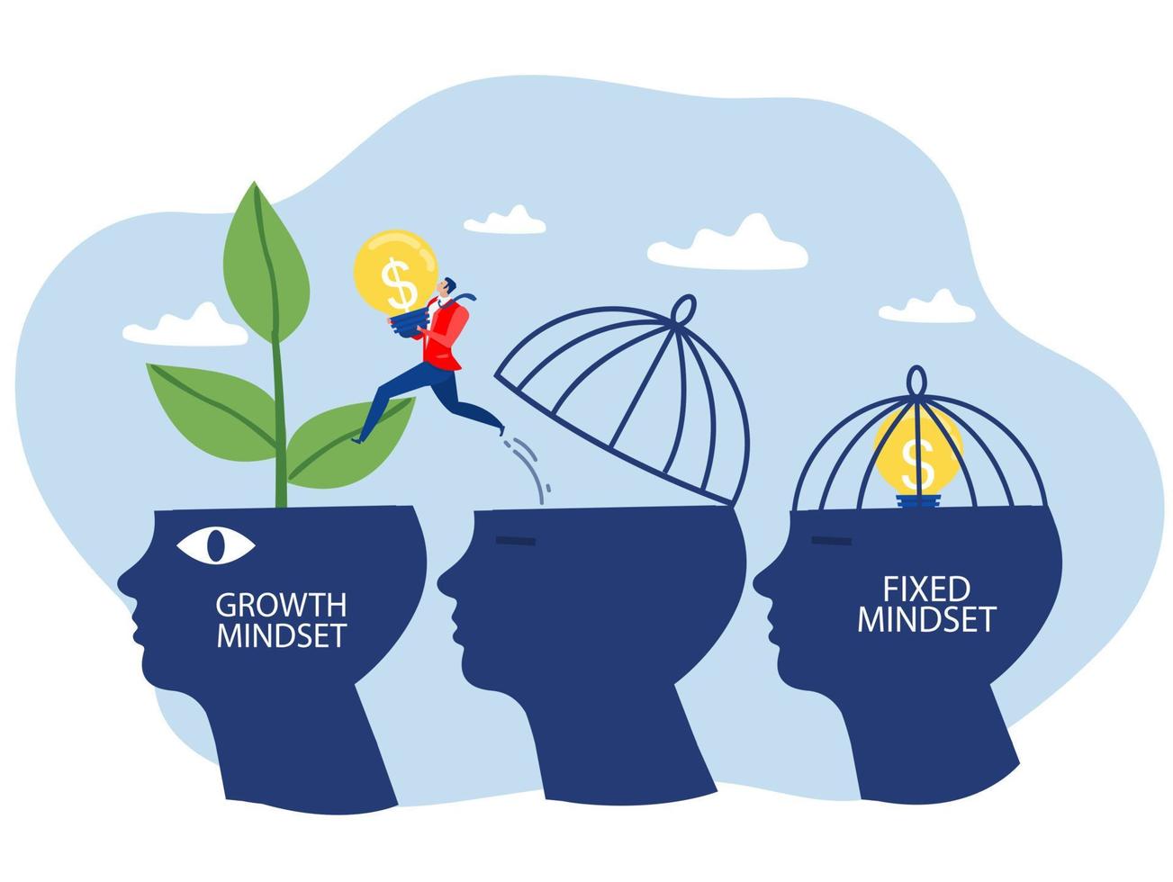 Businessman holding light bulb idea with jumping from move on different fixed mindset to growth mindset on head human concept vector illustrator