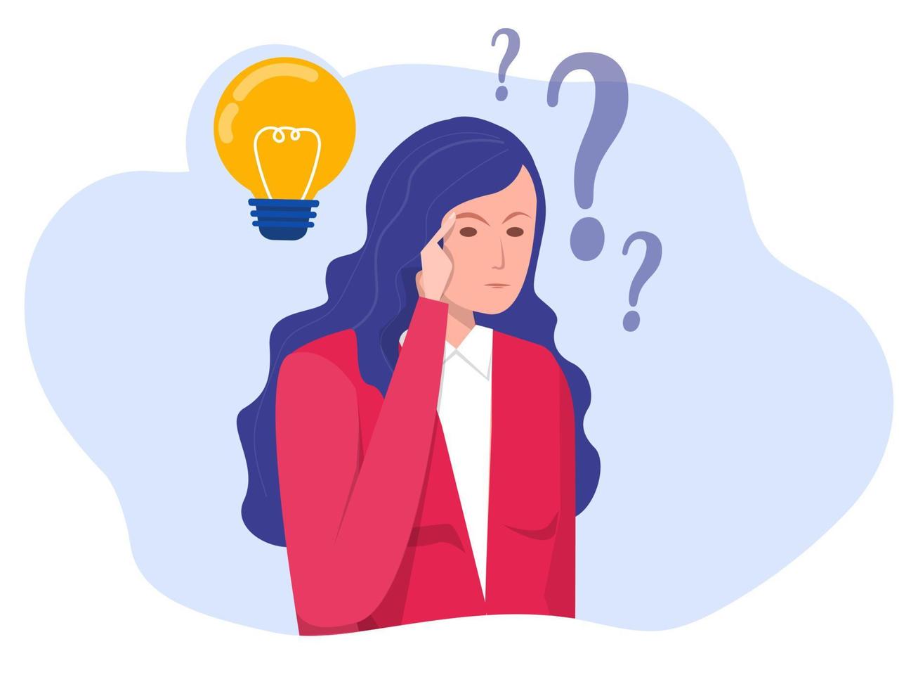 creative thinking concept woman with question mark and light bulb icon search for idea process illustrator vector