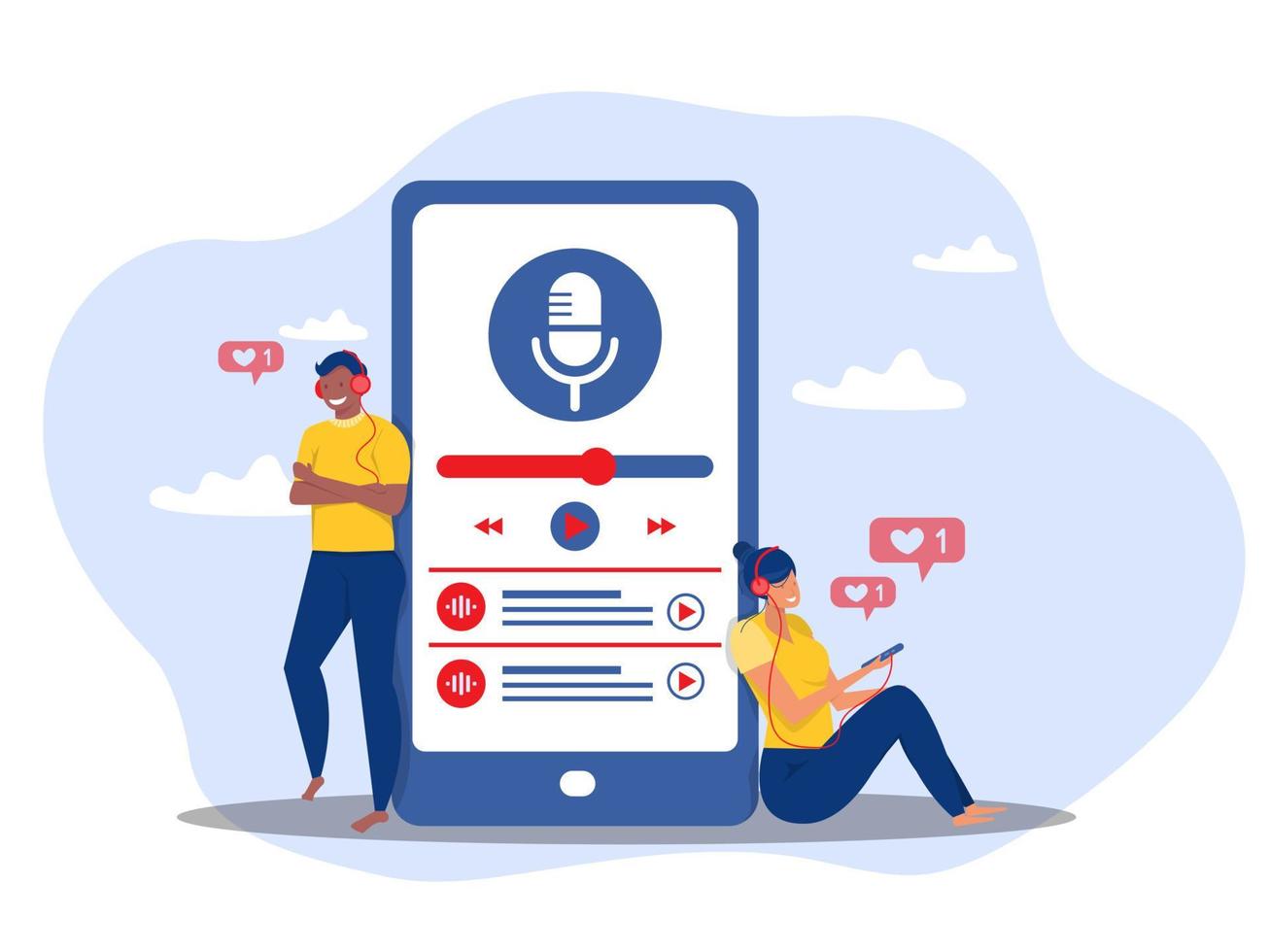 Podcast concept ,young waman and man Listening Podcasts in Mobile App. Audio Podcast. Concept of Online Podcasting, Online Radio Show, Microphone Icon. Vector illustration