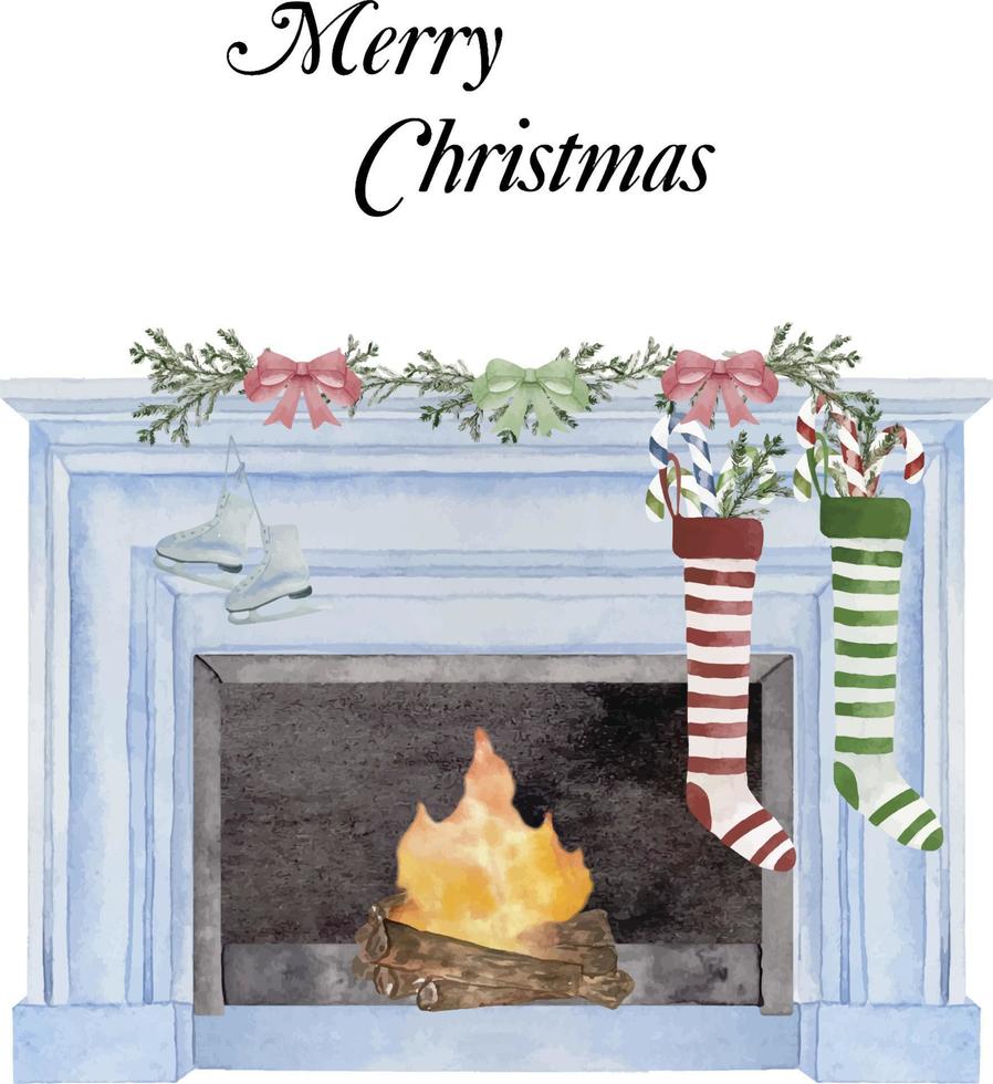 Watercolor illustration of modern fireplace with socks, decor, christmas tree, candle, balls gifts, wreath. Happy new year decoration. Merry christmas holiday. vector