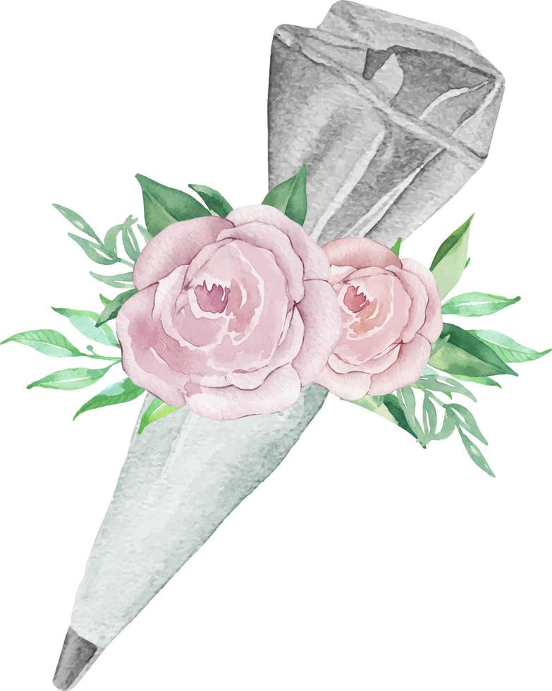 Watercolor icing bag and tip with mint white pastry cream and flowers with greenery. Bakery illustration for invitation, pastry, menu, logos vector