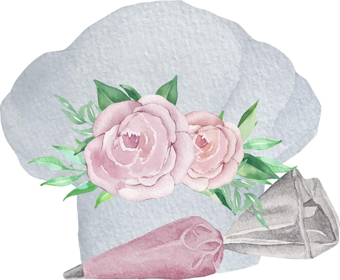 Watercolor white pastry confectioner hat with flowers and greenery. Bakery illustration for invitation, pastry, menu, logos vector
