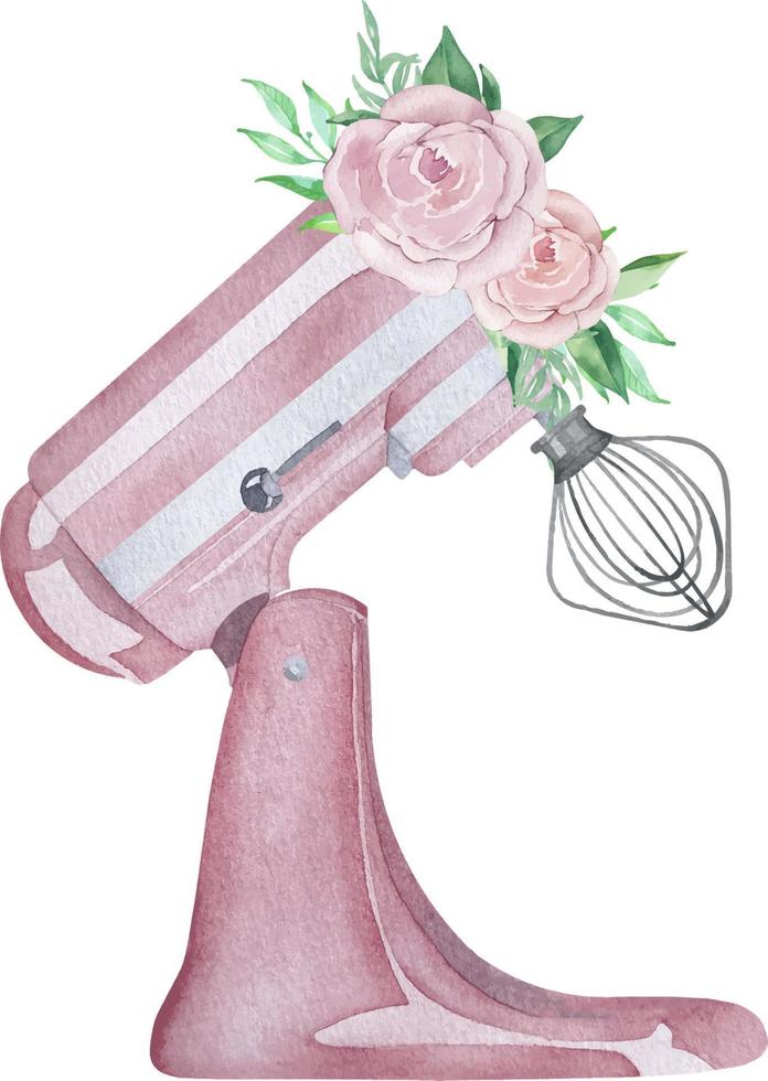 Mezclador planetario de pastelería turquesa rosa acuarela con un batidor y con flores y vegetación. ilustración de panadería para invitación, pastelería, menú, logos vector