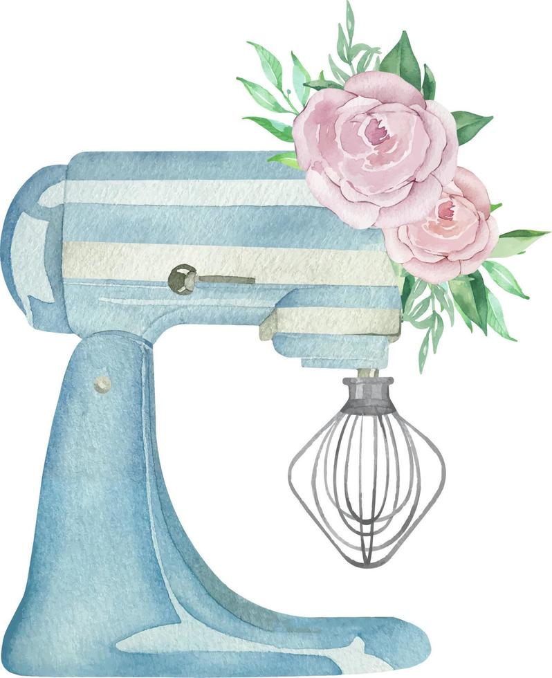 Watercolor blue pastry planetary mixer with a whisk and with flowers and greenery. Bakery illustration for invitation, pastry, menu, logos vector