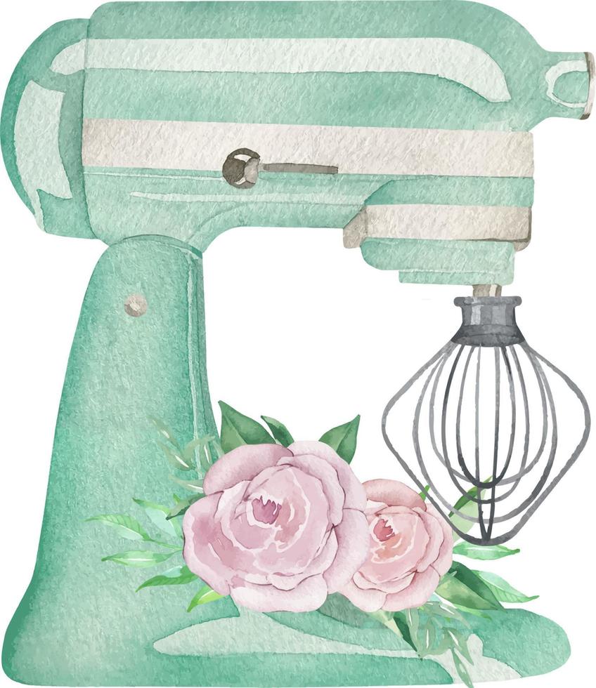 Watercolor mint turquoise pastry planetary mixer with a whisk and with flowers and greenery. Bakery illustration for invitation, pastry, menu, logos vector