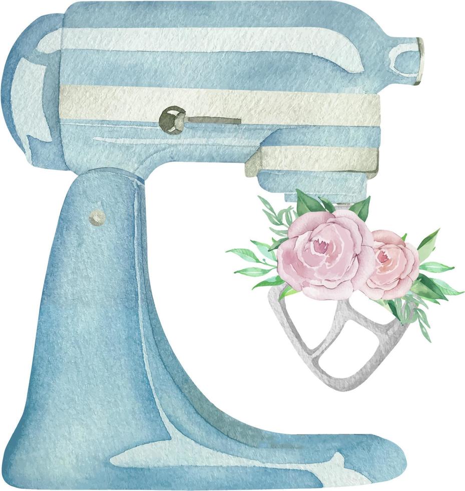 Watercolor blue pastry planetary mixer with flowers and greenery. Bakery ill vector