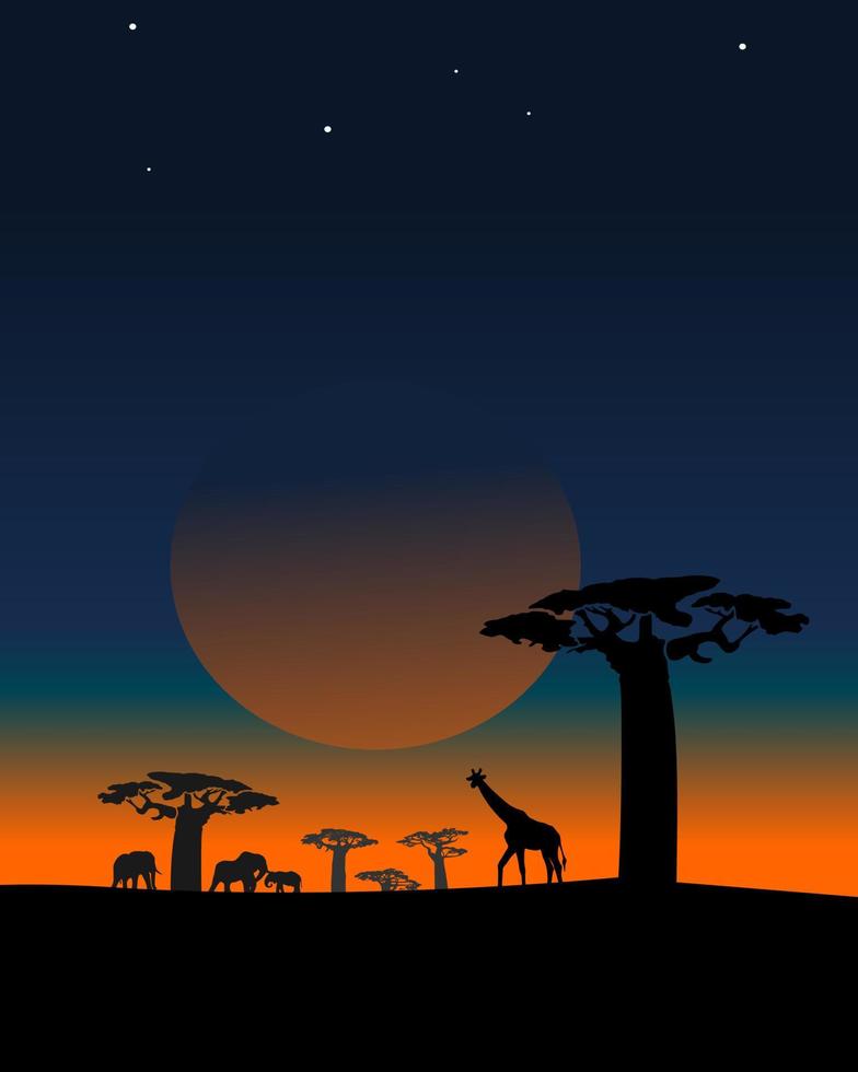 puesta de sol vectorial en la selva africana. vector