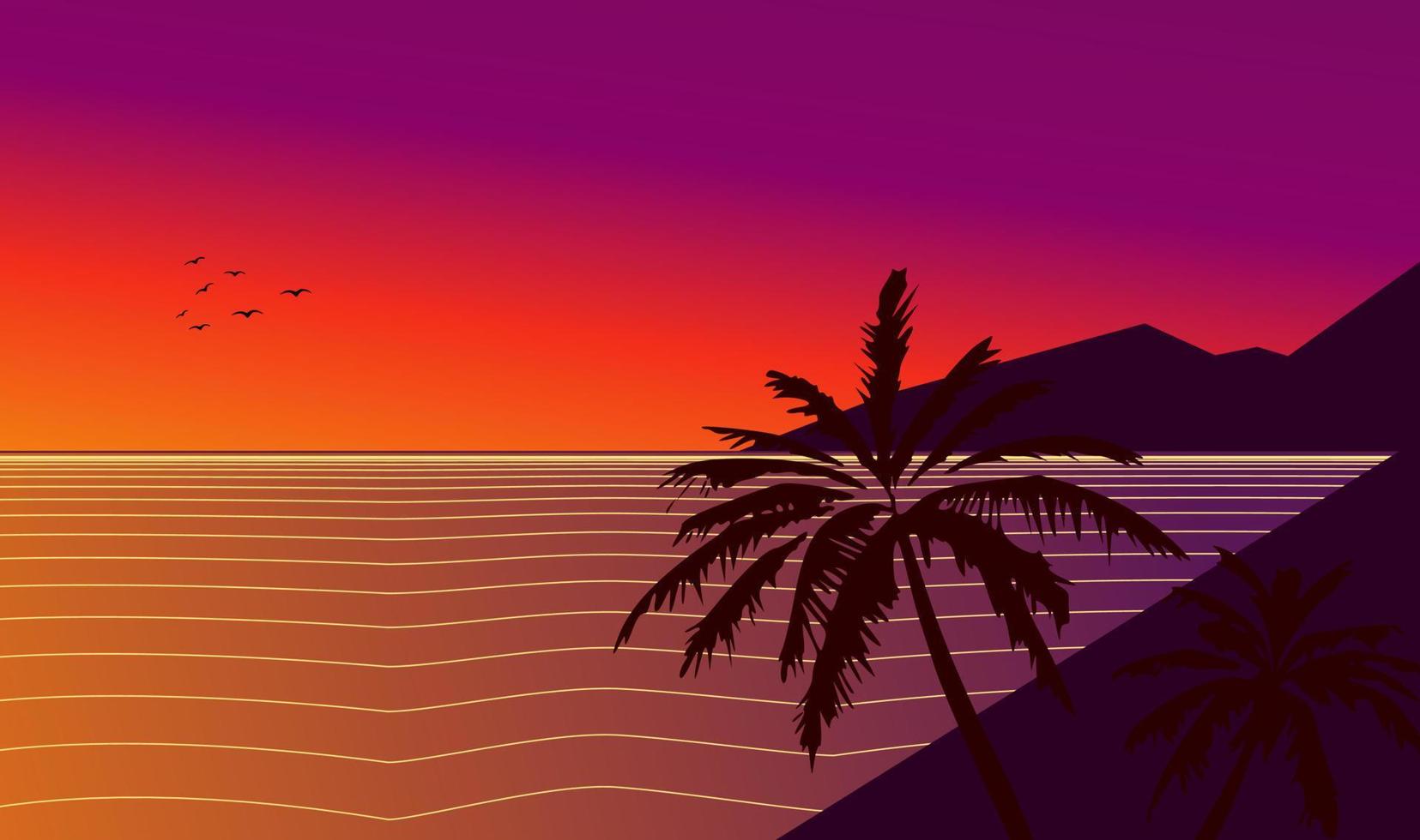 puesta de sol en la ilustración de la playa, adecuada para la decoración de paredes, papel tapiz y fondo. vector