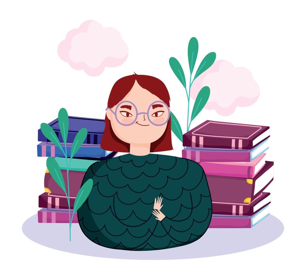 día del libro, retrato de niña adolescente con libros y plantas vector