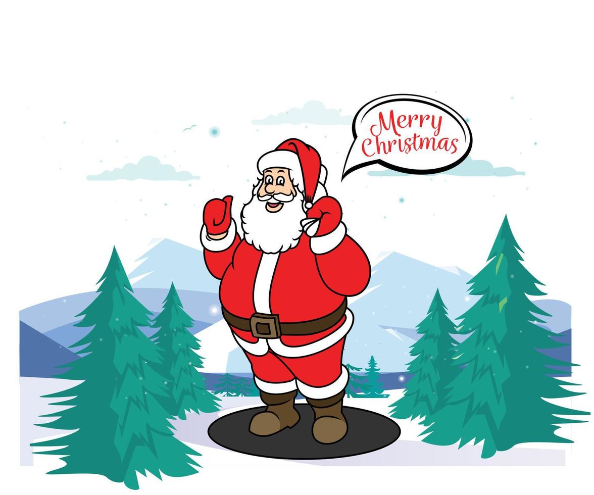 Vector illustration of cute Santa Claus mascot or character isolated on landscape background. Flat style.