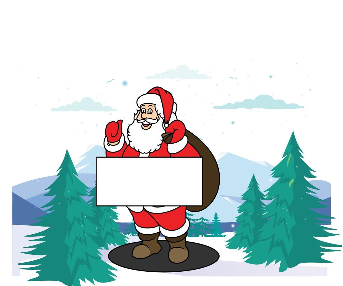 Vector illustration of cute Santa Claus mascot or character isolated on landscape background. Flat style.