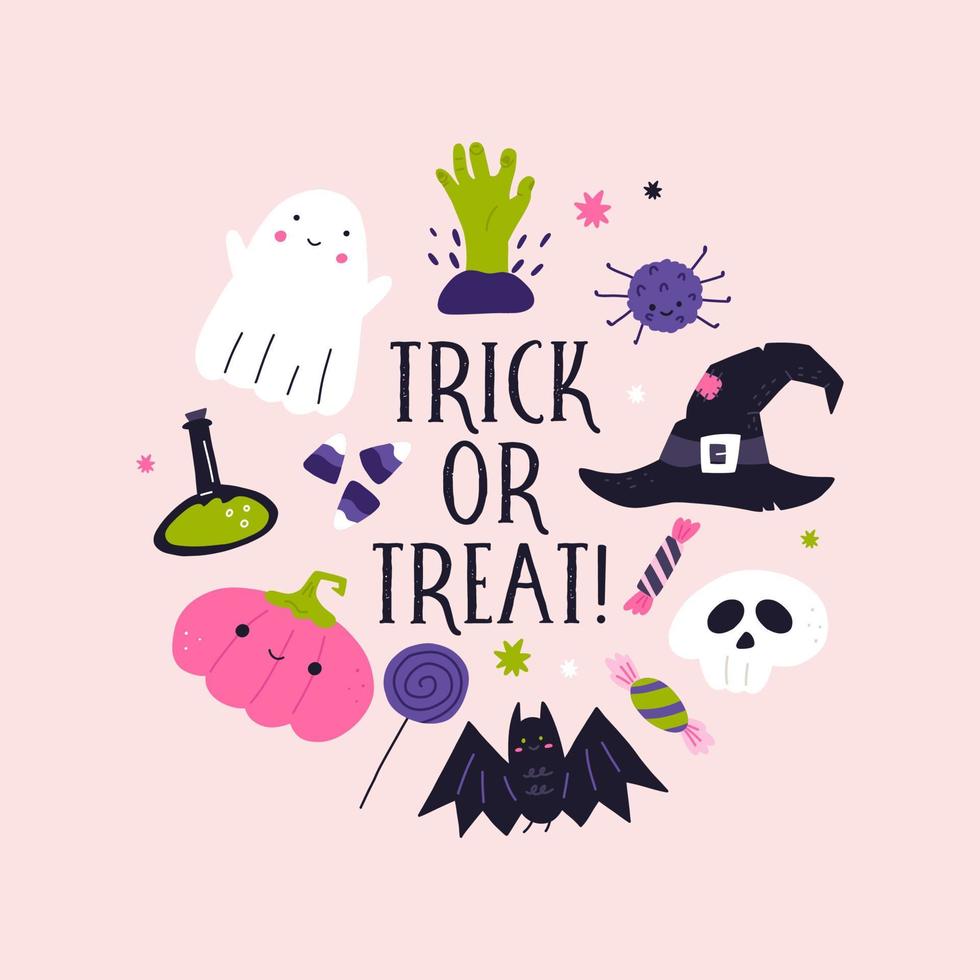 Trick or treat Halloween poster template, cartoon flat vector illustration on pink background. Cute ghost and pumpkin, witch hat, skull, zombie hand and bat.