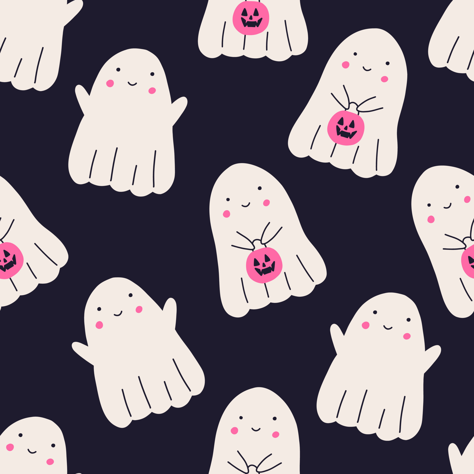 Cute ghost with basket in shape of pumpkin, seamless pattern flat